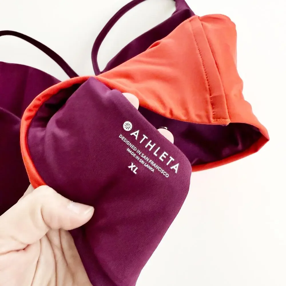 [Athleta] Orange Purple Asymmetrical Colorblock Scoop Neck Bikini Top Size XL